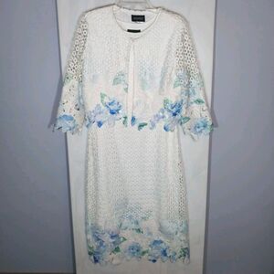 Ashro 2 Pc Dress Jacket Set Sz 10 White Lace Blue Floral Church Wedding